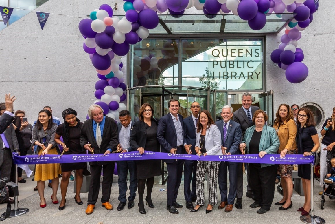 Cutting the ribbon on the new Hunters Point Library in Long Island City.
