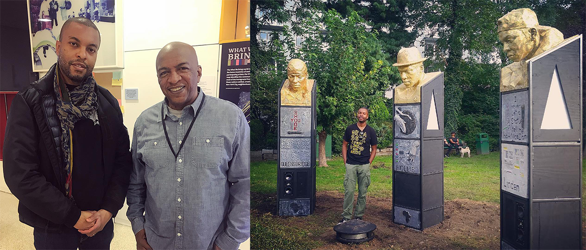 Artist and A Cypher in Queens creator Sherwin Banfield with QPL Hip Hop Coordinator Ralph McDaniels; Banfield poses with A Cypher in Queens in Socrates Sculpture Park, October 2018.