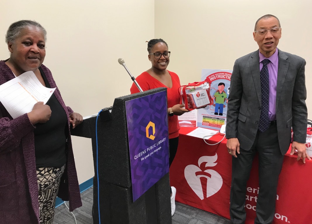 Far Rockaway Library Manager Sharon Anderson; Shanon Morris, Senior Director of Community Impact for the American Heart Association in New York City; and QPL President and CEO Dennis M. Walcott at the loaner program kickoff.