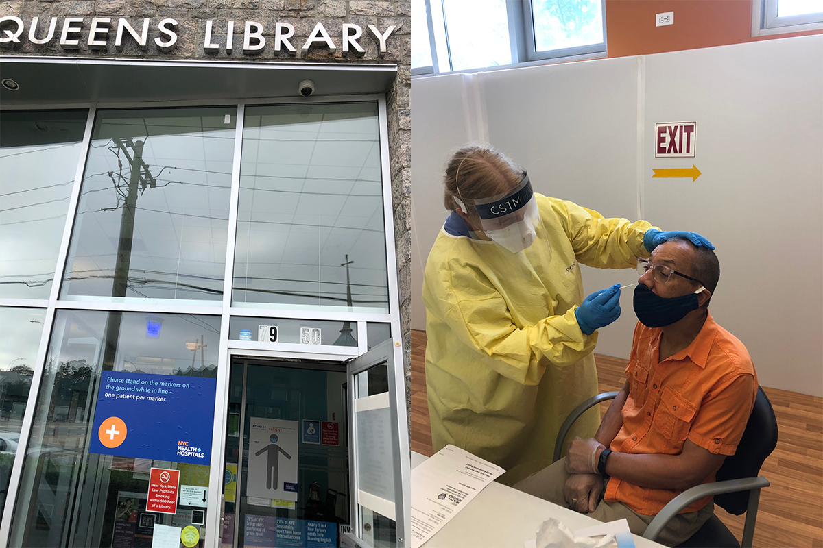 QPL President and CEO Dennis M. Walcott visited the new NYC Health + Hospitals COVID-19 testing site at Windsor Park Library on June 18, 2020.