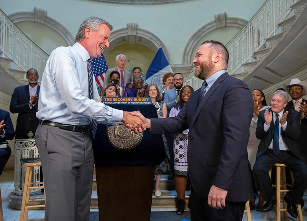 Mayor Bill de Blasio, Speaker Corey Johnson, and the NYC Council agree on the Budget for Fiscal Year 2022. Photo courtesy of John McCarten and the New York City Council.