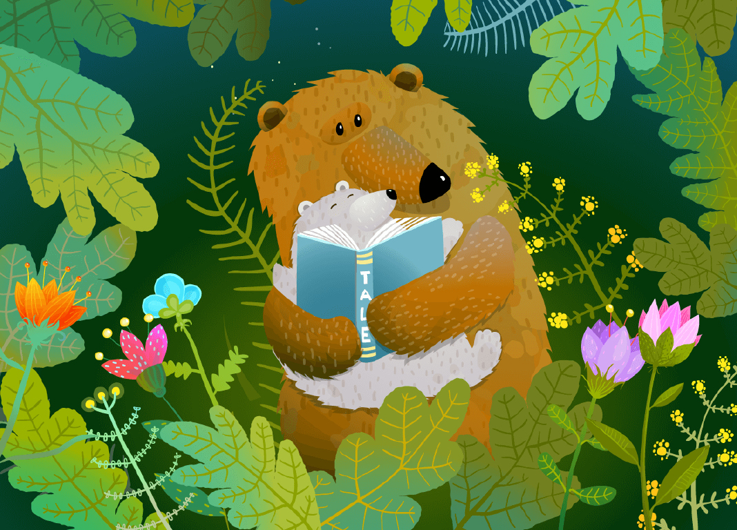 Bear Holding A Book and Baby; QPL Baby Card Campaign Image 