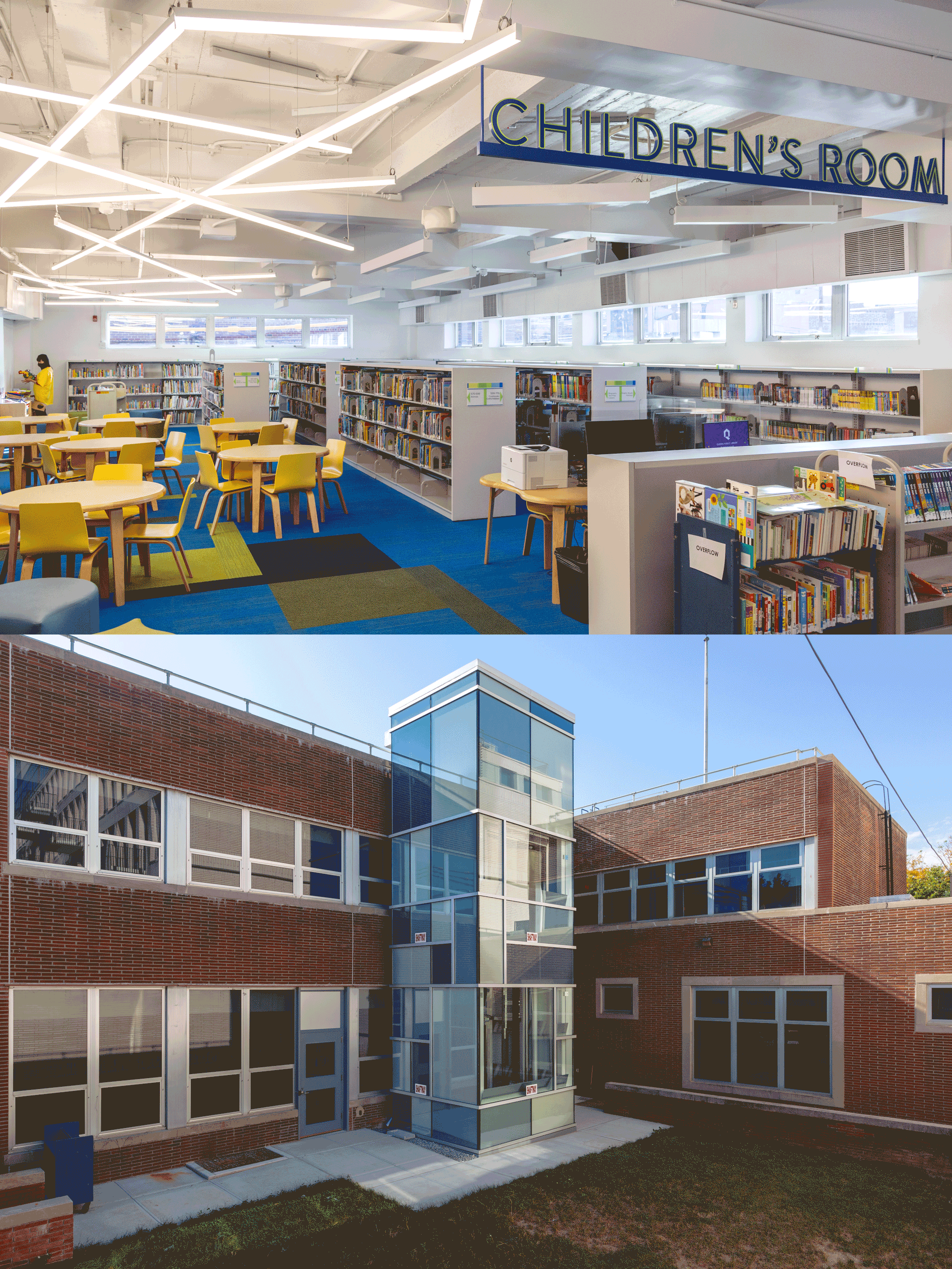 TOP: The renovated children’s and teen areas feature new ceilings, flooring, furniture and lighting. BOTTOM: A new elevator shaft sits at the exterior of the library with translucent glass panels to provide diffused light and views into the courtyard.