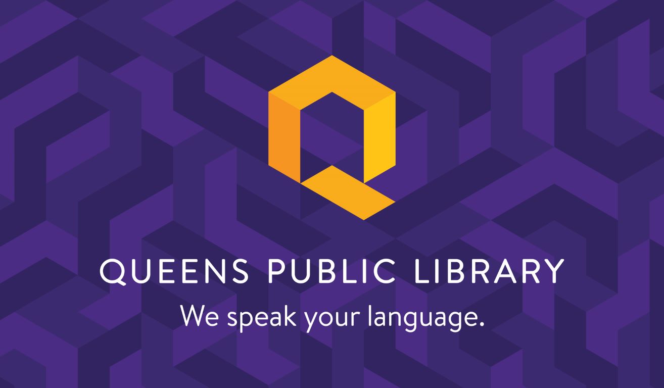 The Queens Public Library logo in yellow with a purple background.